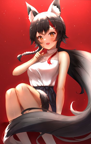 Anime picture 2800x4456 with virtual youtuber hololive ookami mio ookami mio (5th costume) ijac ray single tall image blush highres open mouth black hair simple background sitting animal ears braid (braids) very long hair :d multicolored hair orange eyes streaked hair