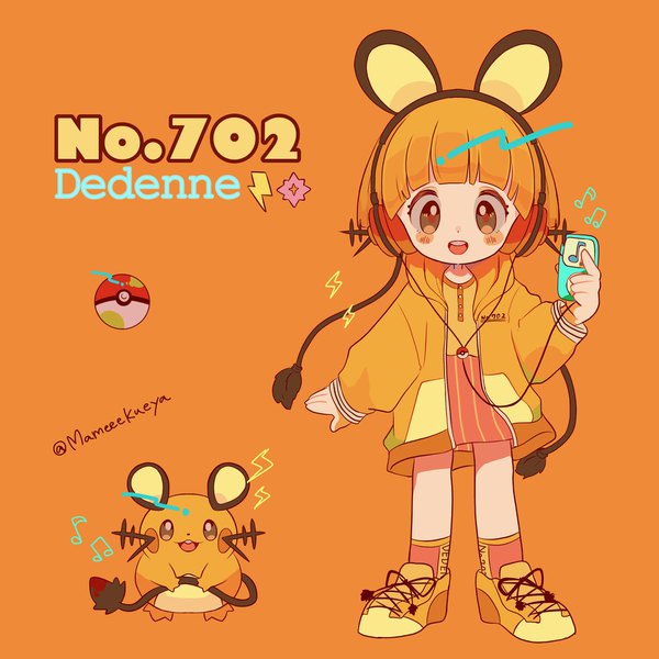 Anime picture 1923x1923 with pokemon pokemon xy nintendo ipod dedenne mameeekueya single looking at viewer highres short hair open mouth simple background standing brown eyes signed animal ears full body orange hair open jacket teeth