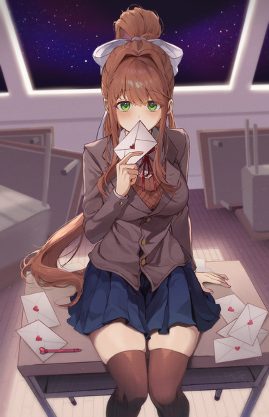 Anime picture 1565x2422 with doki doki literature club monika (doki doki literature club) prodonyang single long hair tall image looking at viewer blush fringe hair between eyes brown hair sitting holding green eyes payot bent knee (knees) ponytail indoors long sleeves pleated skirt