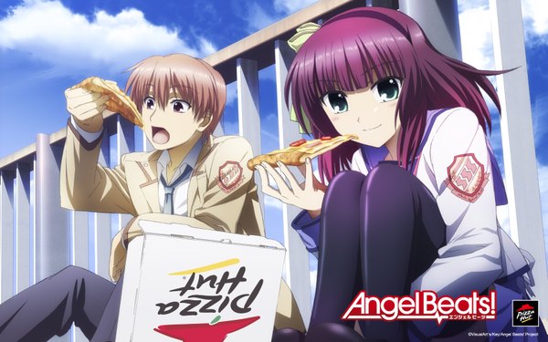 Anime picture 1680x1050 with angel beats! key (studio) nakamura yuri otonashi yuzuru open mouth smile brown hair wide image brown eyes green eyes sky purple hair cloud (clouds) eating girl thighhighs boy uniform black thighhighs school uniform