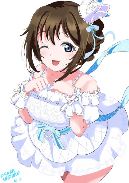 Anime picture 2480x3508 with love live! nijigasaki high school idol club sunrise (studio) love live! ousaka shizuku evildaddy12 single tall image looking at viewer blush fringe highres short hair breasts open mouth blue eyes simple background smile brown hair standing white background