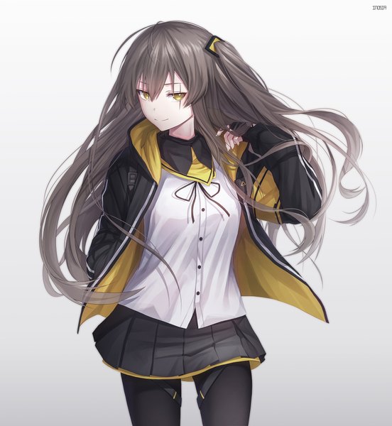 Anime picture 1712x1858 with girls frontline ump45 (girls frontline) inosia single long hair tall image looking at viewer fringe highres simple background smile hair between eyes standing signed yellow eyes ahoge long sleeves head tilt pleated skirt arm up