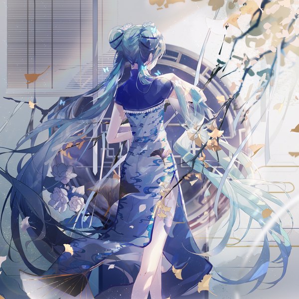 Anime picture 4000x4000 with vocaloid hatsune miku mamenomoto single highres twintails absurdres very long hair traditional clothes hair flower wind from behind aqua hair short sleeves hair bun (hair buns) chinese clothes side slit walking hair over shoulder transparent