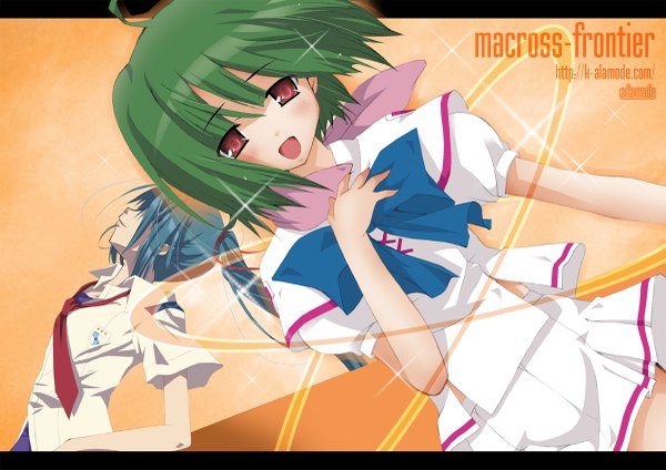 Anime picture 1200x849 with macross macross frontier ranka lee saotome alto long hair looking at viewer blush short hair open mouth red eyes blue hair green hair copyright name girl boy uniform school uniform necktie bowtie