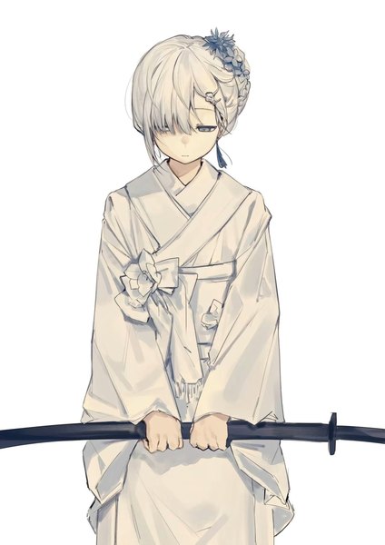 Anime picture 1280x1812 with tagme (artist) single tall image fringe short hair blue eyes simple background standing white background holding traditional clothes japanese clothes hair flower hair over one eye looking down sheathed girl hair ornament flower (flowers) weapon
