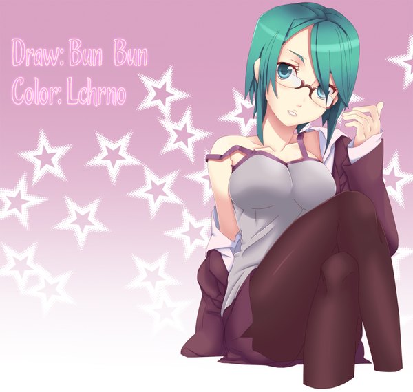 Anime picture 1600x1520 with lchrno single looking at viewer short hair breasts blue eyes sitting green hair crossed legs girl pantyhose glasses star (symbol)