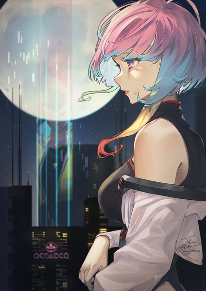 Anime picture 1061x1500 with cyberpunk edgerunners studio trigger lucy (cyberpunk) david martinez fadingz single tall image short hair breasts large breasts purple eyes bare shoulders signed blue hair looking away pink hair upper body ahoge outdoors profile