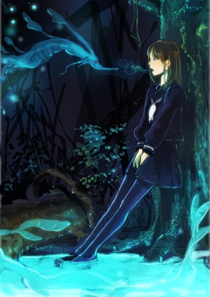 Anime picture 708x1000 with original holysnow long hair tall image open mouth blue eyes brown hair standing looking away pleated skirt night light girl skirt uniform plant (plants) school uniform pantyhose tree (trees) leaf (leaves)
