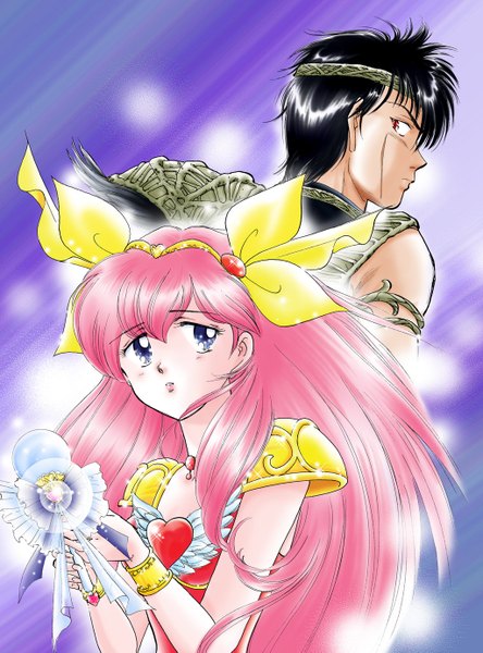 Anime picture 1024x1381 with wedding peach hanasaki momoko angel peach yousuke fuuma long hair tall image short hair blue eyes black hair simple background red eyes purple eyes holding pink hair very long hair profile looking back couple scar back to back