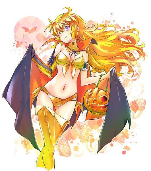 Anime picture 1222x1380 with rwby rooster teeth yang xiao long iesupa long hair tall image breasts light erotic blonde hair large breasts purple eyes ahoge one eye closed midriff fang (fangs) wavy hair halloween front-tie top girl navel