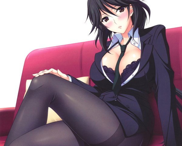 Anime picture 1280x1024 with infinite stratos 8bit orimura chifuyu single long hair looking at viewer blush breasts open mouth light erotic black hair sitting brown eyes legs girl pantyhose necktie couch suit