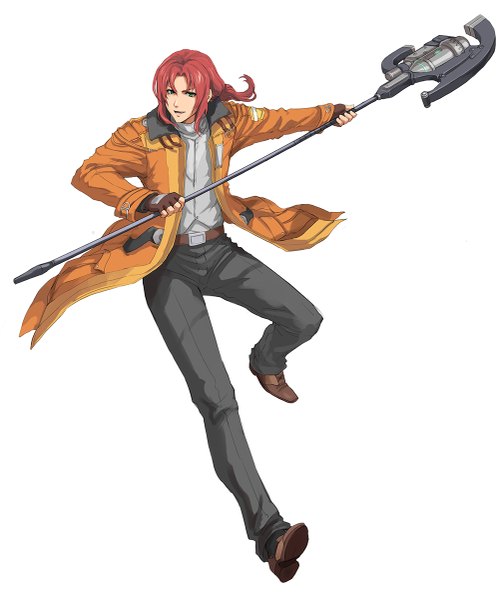 Anime picture 1009x1200 with eiyuu densetsu zero no kiseki randy orlando haoni single long hair tall image simple background white background green eyes red hair open clothes open jacket boy gloves shoes jacket belt pants staff