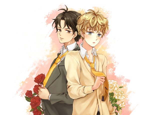 Anime picture 1588x1220 with ookiku furikabutte a-1 pictures mihashi ren takaya abe blonde hair brown hair white background shounen ai boy flower (flowers) necktie rose (roses)