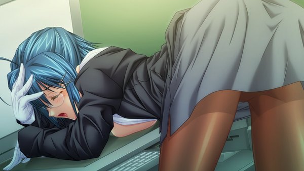 Anime picture 1024x576 with eve to iu na no omocha tada futaba short hair open mouth light erotic wide image blue hair game cg ass eyes closed bent over girl pantyhose glasses