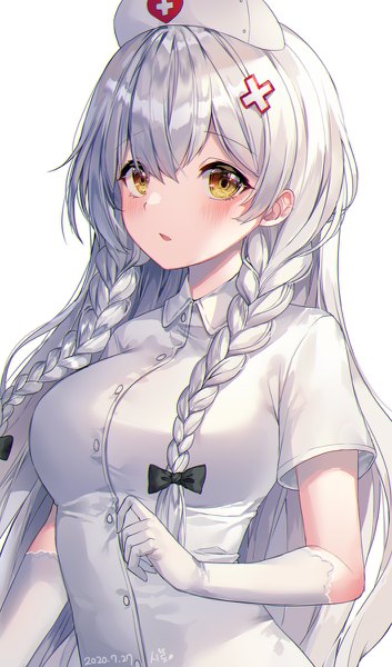 Anime picture 706x1200 with azur lane hermione (azur lane) hermione (pure white angel) (azur lane) shiro albino single long hair tall image blush fringe simple background hair between eyes white background yellow eyes silver hair upper body braid (braids) twin braids dated nurse girl
