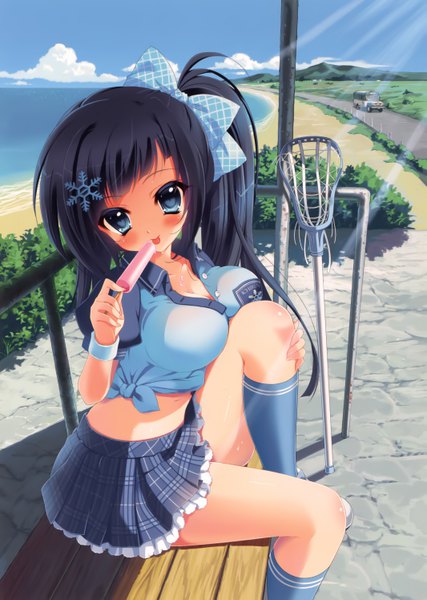 Anime picture 4260x5982 with original pon (ichi rin) single long hair tall image looking at viewer blush highres breasts blue eyes light erotic black hair large breasts absurdres scan side ponytail girl skirt hair ornament bow