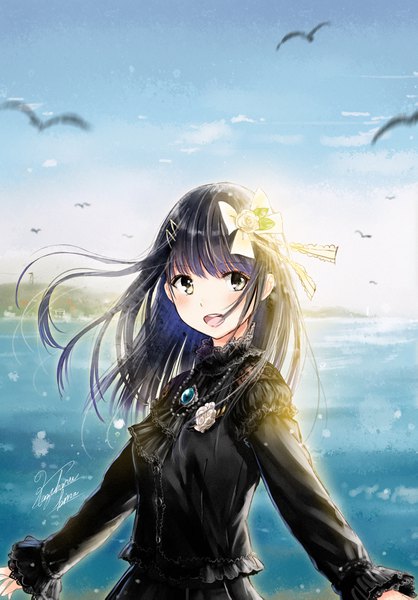 Anime picture 1125x1613 with original kazuharu kina single long hair tall image blush fringe open mouth black hair brown eyes signed looking away sky cloud (clouds) upper body outdoors long sleeves :d wind gradient hair