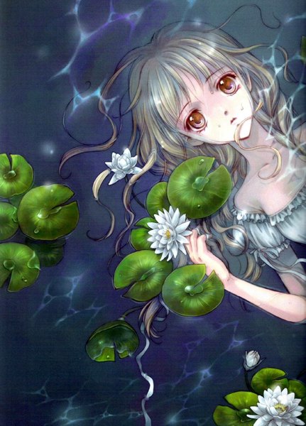 Anime picture 1250x1740 with original minakami kaori tall image blonde hair bare shoulders lying wet orange eyes girl water water lily