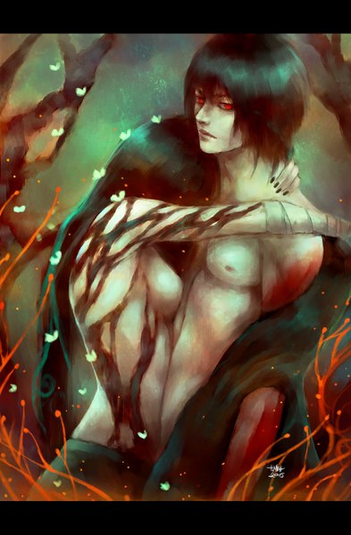 Anime picture 950x1450 with original nanfe long hair tall image looking at viewer short hair breasts light erotic black hair red eyes bare shoulders signed nail polish realistic hug dated letterboxed pale skin 2015 girl