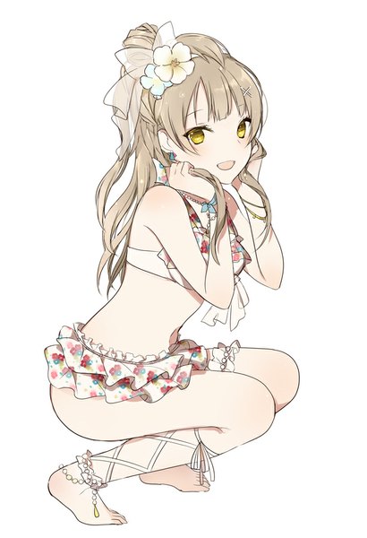 Anime picture 650x950 with love live! school idol project sunrise (studio) love live! minami kotori lpip single long hair tall image looking at viewer fringe open mouth simple background brown hair white background yellow eyes full body barefoot hair flower bare belly one side up