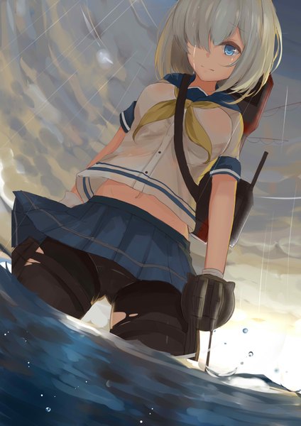 Anime picture 2480x3507 with kantai collection hamakaze destroyer slm single tall image fringe highres short hair breasts blue eyes light erotic large breasts looking away sky silver hair white hair one eye closed hair over one eye night from below