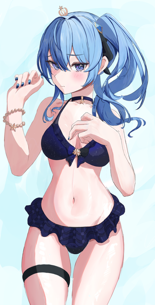 Anime picture 3906x7682 with virtual youtuber hololive hoshimachi suisei tagme (artist) single long hair tall image blush fringe highres breasts blue eyes light erotic simple background hair between eyes large breasts blue hair absurdres nail polish turning head