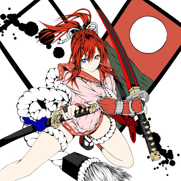 Anime picture 1000x1000 with hyakka ryouran samurai girls arms corporation yagyuu juubei (hyakka ryouran) ayase tamaki single long hair red hair traditional clothes japanese clothes heterochromia girl weapon sword katana