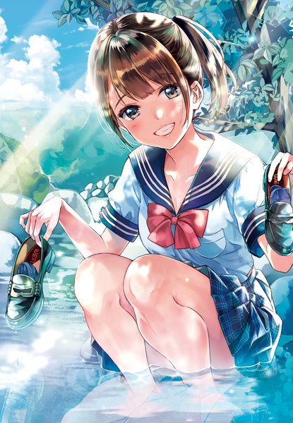 Anime picture 1383x2000 with original matsuzaki miyuki single tall image looking at viewer blush fringe short hair smile brown hair holding brown eyes sky cloud (clouds) full body outdoors ponytail head tilt pleated skirt barefoot