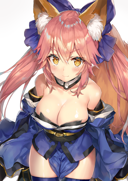 Anime picture 800x1130 with fate (series) fate/extra tamamo (fate) (all) tamamo no mae (fate) momoko (momopoco) single long hair tall image looking at viewer blush fringe breasts light erotic simple background hair between eyes large breasts white background twintails bare shoulders brown eyes