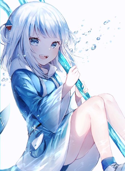 Anime picture 750x1024 with virtual youtuber hololive hololive english gawr gura gawr gura (1st costume) noyu (noyu23386566) single tall image looking at viewer short hair open mouth blue eyes simple background white background sitting silver hair tail :d teeth two side up