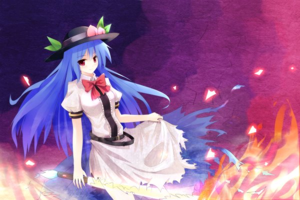 Anime picture 1500x1000 with touhou hinanawi tenshi suisai long hair red eyes blue hair torn clothes girl dress bow weapon hat sword belt fire