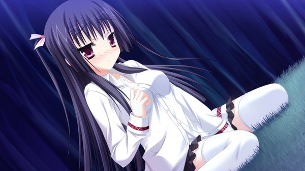 Anime picture 1280x720 with kisaragi gold star (game) kirishima touri long hair black hair wide image game cg pink eyes girl thighhighs white thighhighs