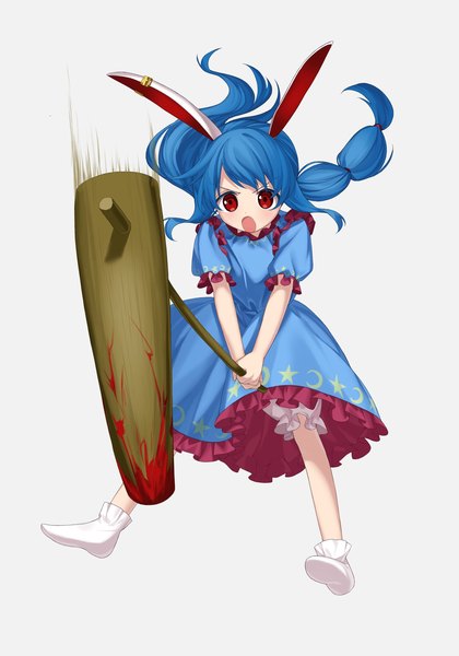 Anime picture 1435x2048 with touhou seiran (touhou) keiki8296 single long hair tall image open mouth simple background red eyes white background twintails animal ears blue hair full body short sleeves bunny ears no shoes low twintails frilled dress bloody weapon