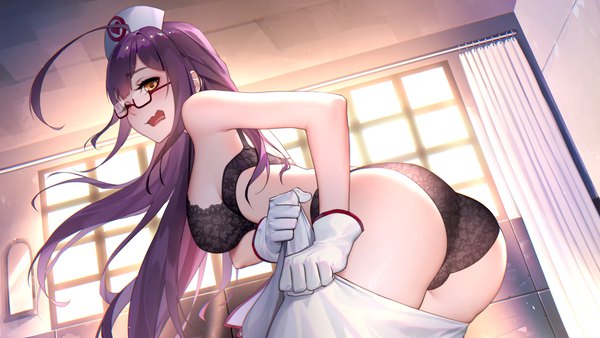 Anime picture 3550x2000 with romantic saga of beauty & devil daye bie qia lian single long hair looking at viewer blush highres breasts open mouth light erotic wide image large breasts standing brown eyes purple hair ahoge ass indoors sunlight from below