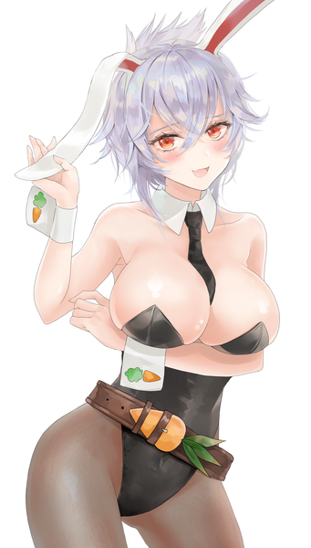 Anime picture 1200x2108 with league of legends riven (league of legends) suzusa (pixiv id3828164) single tall image looking at viewer blush fringe short hair breasts open mouth light erotic simple background smile hair between eyes red eyes large breasts standing white background bare shoulders