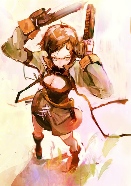 Anime picture 1200x1697 with original so-bin single tall image short hair breasts brown hair large breasts from above sunlight girl dress weapon glasses boots gun pistol