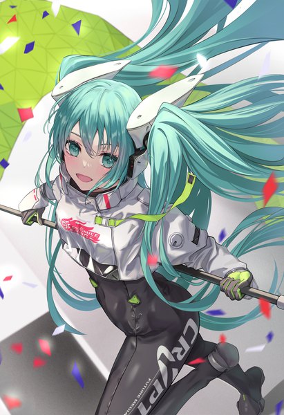 Anime picture 2709x3956 with vocaloid goodsmile racing hatsune miku racing miku racing miku (2022) tooku0 single tall image fringe highres open mouth hair between eyes twintails very long hair :d aqua eyes from above aqua hair covered navel girl