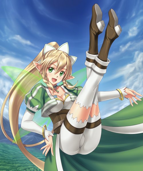 Anime picture 1000x1200 with sword art online a-1 pictures leafa hammerman benkei long hair tall image looking at viewer blush open mouth blonde hair green eyes sky cloud (clouds) ponytail braid (braids) pointy ears twin braids girl thighhighs dress