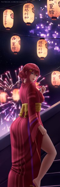 Anime picture 2160x6660 with go-toubun no hanayome nakano itsuki wickellia single long hair tall image looking at viewer fringe highres breasts blue eyes hair between eyes standing bent knee (knees) red hair traditional clothes japanese clothes lips blurry night