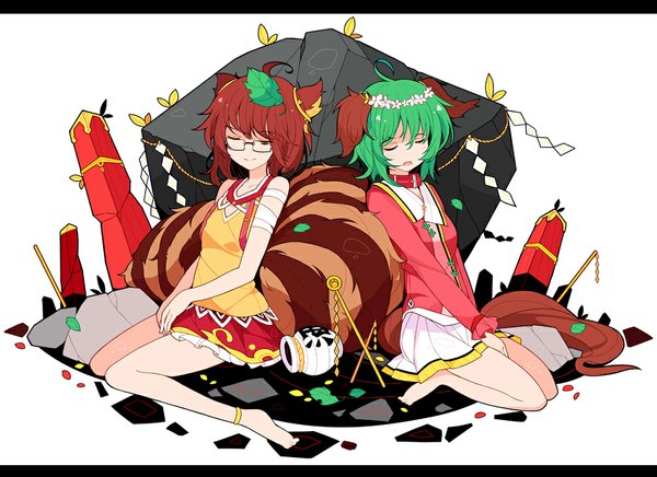 Anime picture 1000x727 with touhou kasodani kyouko futatsuiwa mamizou ideolo short hair open mouth red eyes brown hair white background sitting multiple girls animal ears ahoge eyes closed animal tail one eye closed barefoot green hair wink letterboxed