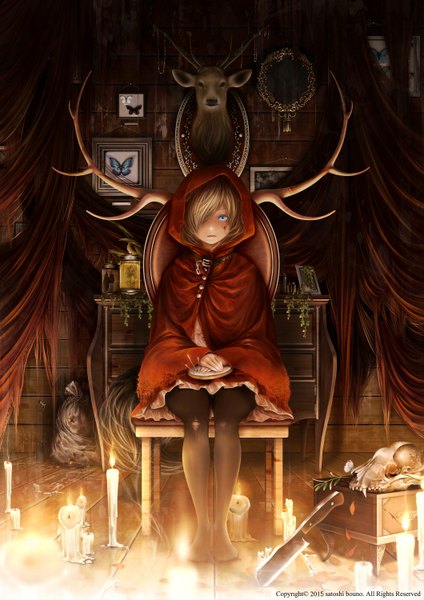 Anime picture 2118x3000 with original bouno satoshi single tall image looking at viewer fringe highres short hair blue eyes blonde hair sitting hair over one eye no shoes antlers girl skirt pantyhose hood insect butterfly