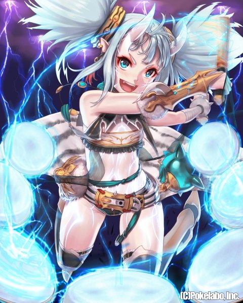 Anime picture 960x1200 with original remana single tall image open mouth blue eyes light erotic twintails bare shoulders holding nail polish horn (horns) pointy ears grey hair inscription teeth fang (fangs) short twintails demon girl oni horns