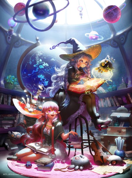 Anime picture 1800x2414 with original pixiv fantasia pixiv fantasia t lost elle long hair tall image highres open mouth sitting multiple girls blue hair pink hair braid (braids) pink eyes pointy ears fantasy witch electricity reading girl