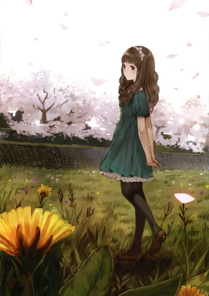 Anime picture 3266x4633 with original kishida mel long hair tall image highres brown hair brown eyes absurdres cherry blossoms curly hair spring girl dress flower (flowers) plant (plants) tree (trees) hairband grass dandelion