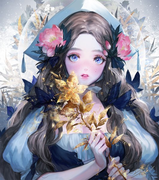 Anime picture 1300x1467 with original danhu single long hair tall image looking at viewer blush blue eyes brown hair holding signed upper body parted lips hair flower puffy sleeves freckles girl flower (flowers) hat