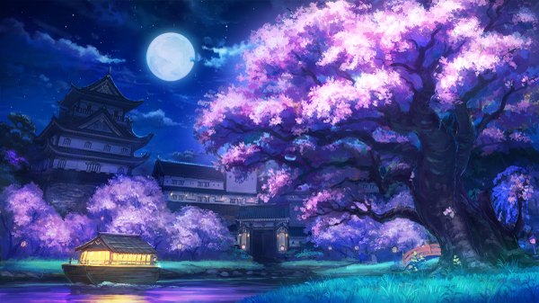 Anime-Bild 1200x675 mit nico nico singer urashimasakatasen makkou 4 wide image cloud (clouds) outdoors night official art night sky cherry blossoms no people scenic river architecture east asian architecture plant (plants) tree (trees) moon star (stars) grass