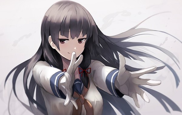 Anime picture 1000x636 with kantai collection isokaze destroyer fami (yellow skies) single long hair fringe black hair smile brown eyes payot wind grey background outstretched arm tress ribbon girl gloves uniform ribbon (ribbons) hair ribbon serafuku