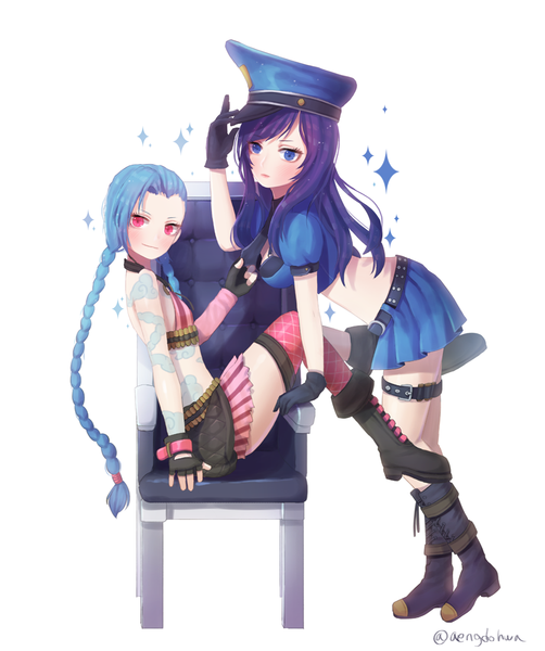 Anime picture 836x1000 with league of legends jinx (league of legends) caitlyn (league of legends) officer caitlyn hanato (seonoaiko) long hair tall image looking at viewer blush blue eyes simple background red eyes standing white background sitting multiple girls blue hair purple hair tattoo leaning