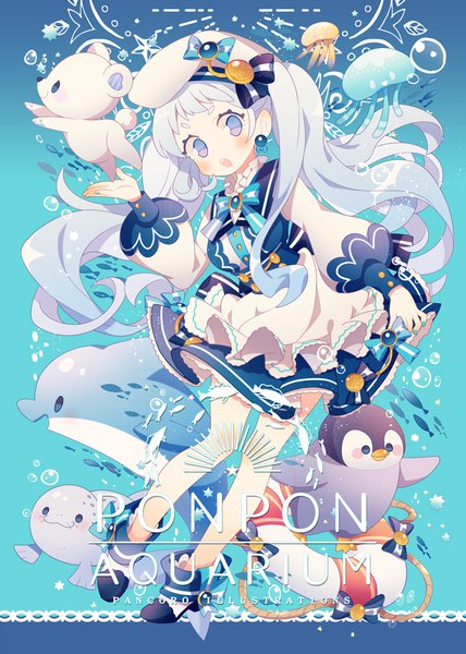 Anime picture 722x1013 with original wakanagi eku single long hair tall image blush fringe open mouth purple eyes twintails looking away silver hair full body long sleeves head tilt bare legs gradient hair underwater double buttons girl