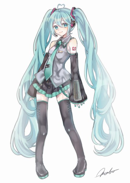 Anime picture 1280x1800 with vocaloid hatsune miku mobukyara single tall image looking at viewer fringe simple background hair between eyes standing white background twintails signed full body ahoge very long hair aqua eyes aqua hair vocaloid boxart pose girl